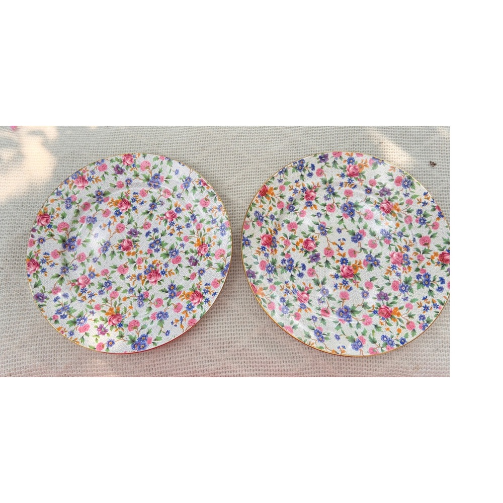 Royal Winton Old Cottage Chintz Salad Plates Vintage Floral Gold Rim Set of 2 9"